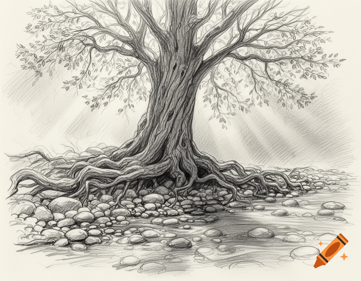 A detailed pencil sketch of a tree with exposed, gnarled roots growing over rocks by a stream.