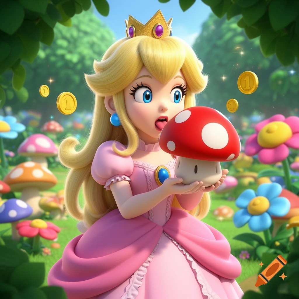 Princess Peach licking a red mushroom in a vibrant 3D animated fantasy forest with floating gold coins.