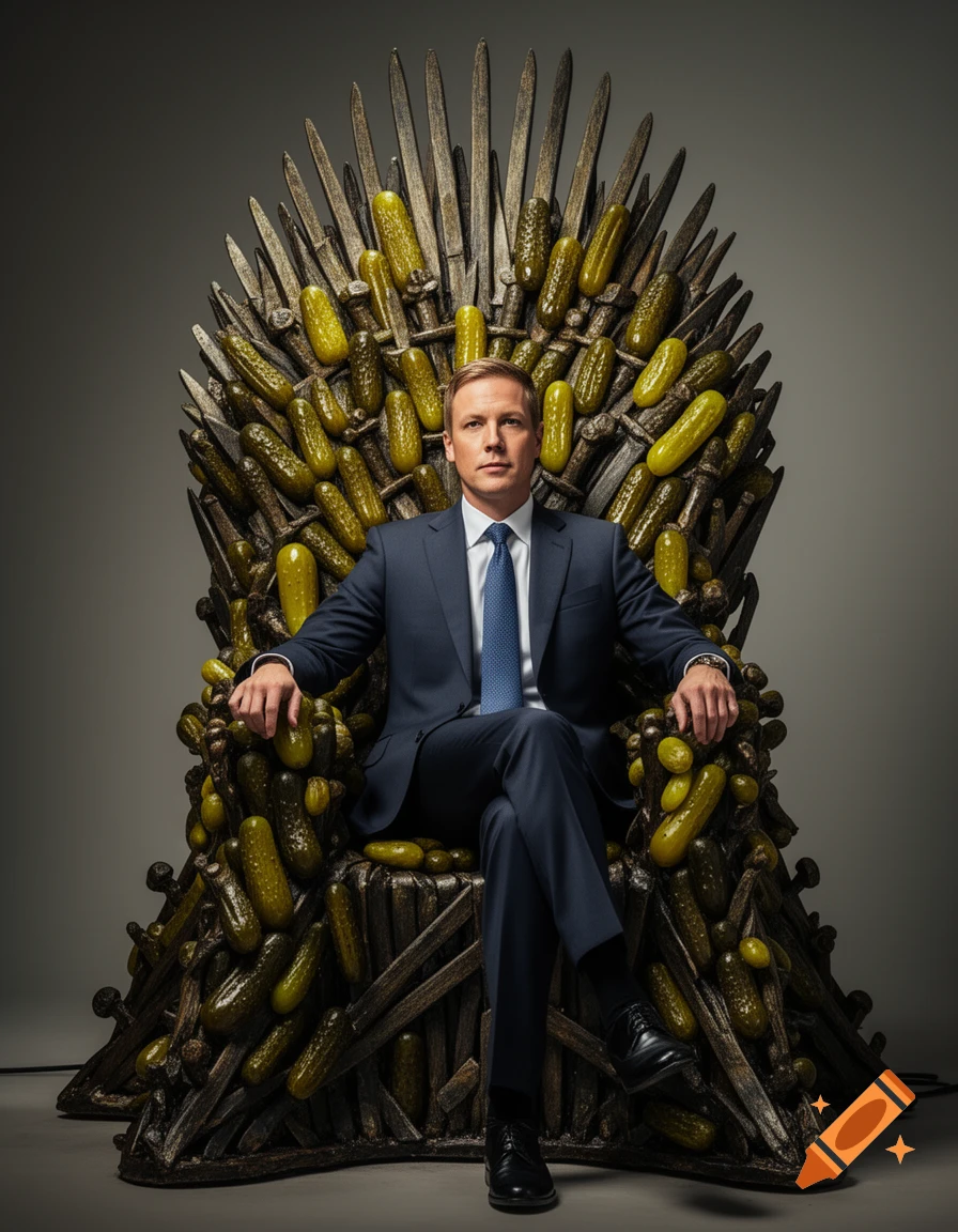A man in a navy suit sits regally on a Game of Thrones-style throne made entirely of green pickles.
