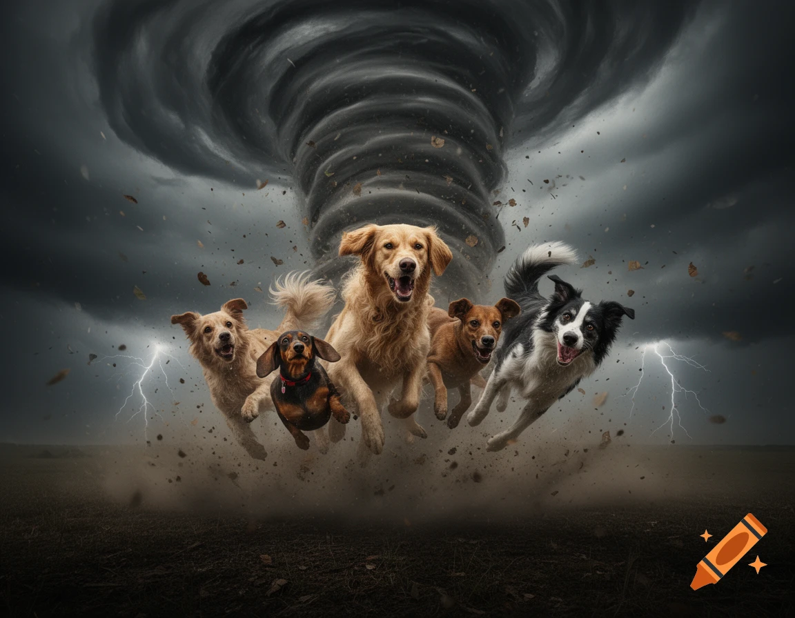 Five dogs, including a Golden Retriever, Dachshund, and Border Collie, are lifted by a powerful tornado under a dark, stormy sky with lightning.