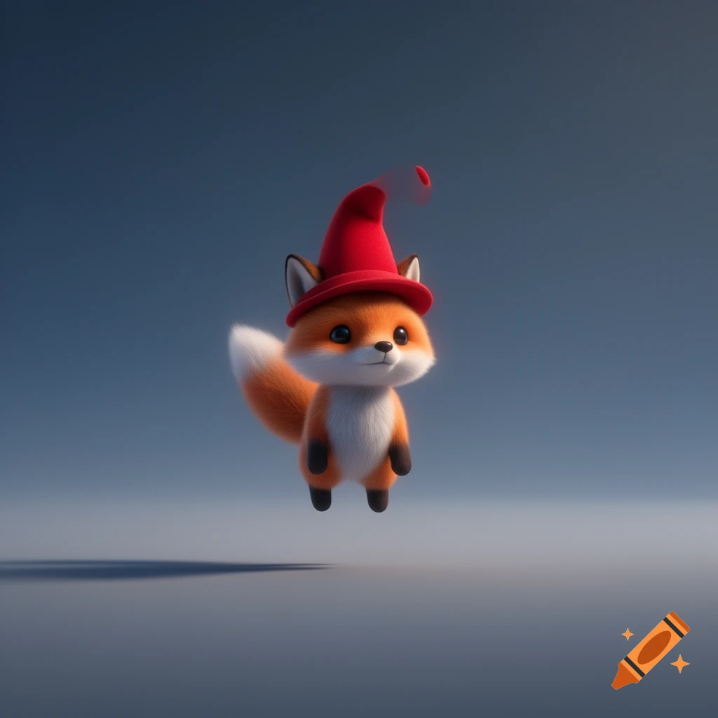 A cute, stylized 3D rendered fox wearing a red pointed hat, floating against a blue-grey background.