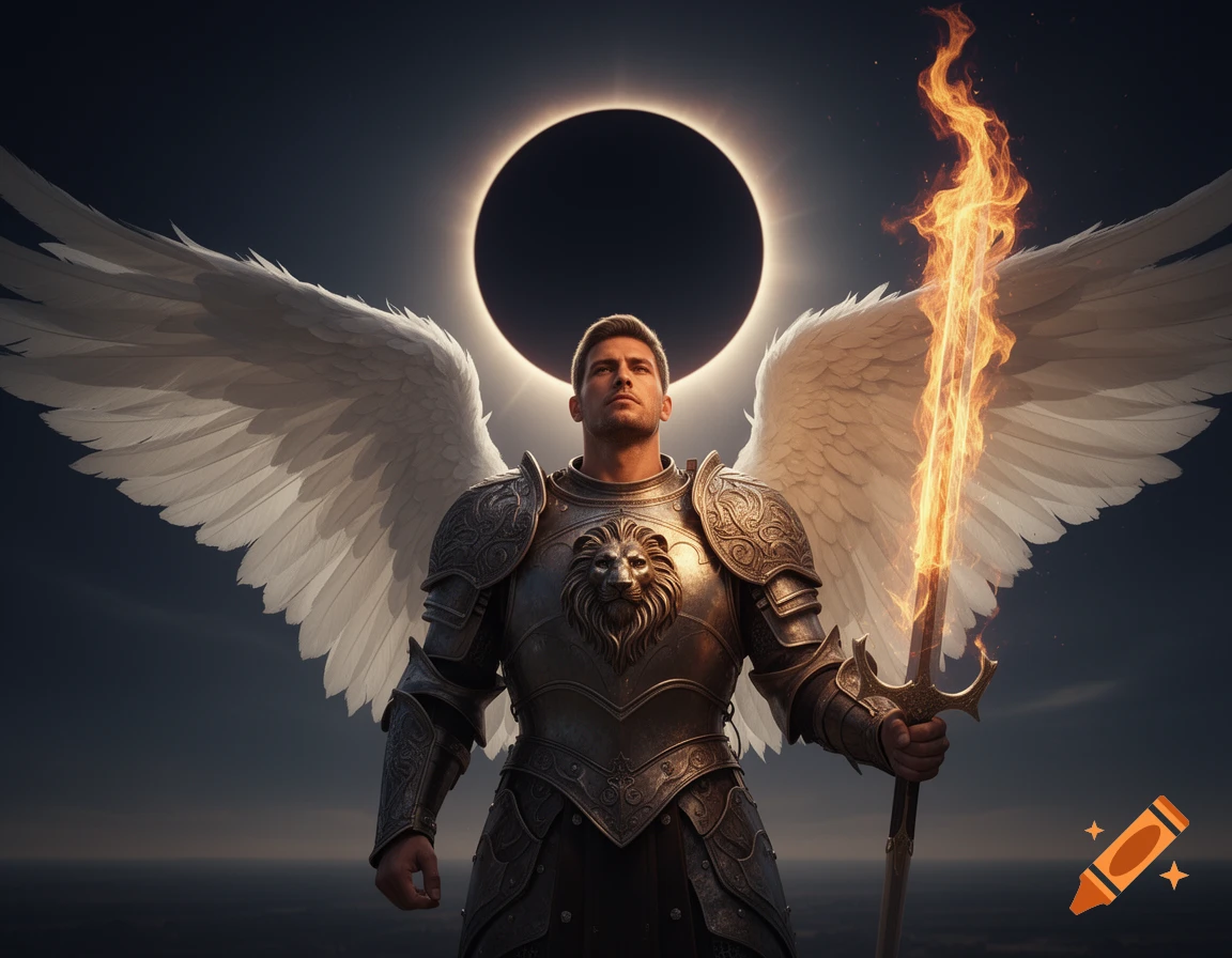 A winged warrior in ornate armor with a lion emblem, holding a flaming sword before a solar eclipse.