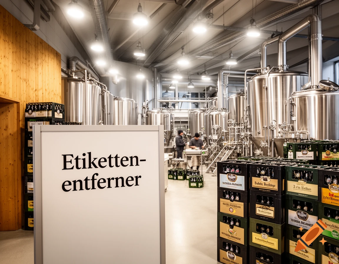 An interior shot of a modern brewery with large stainless steel tanks, beer crates, and a sign reading 'Etikettenentferner' (label remover) in the foreground.