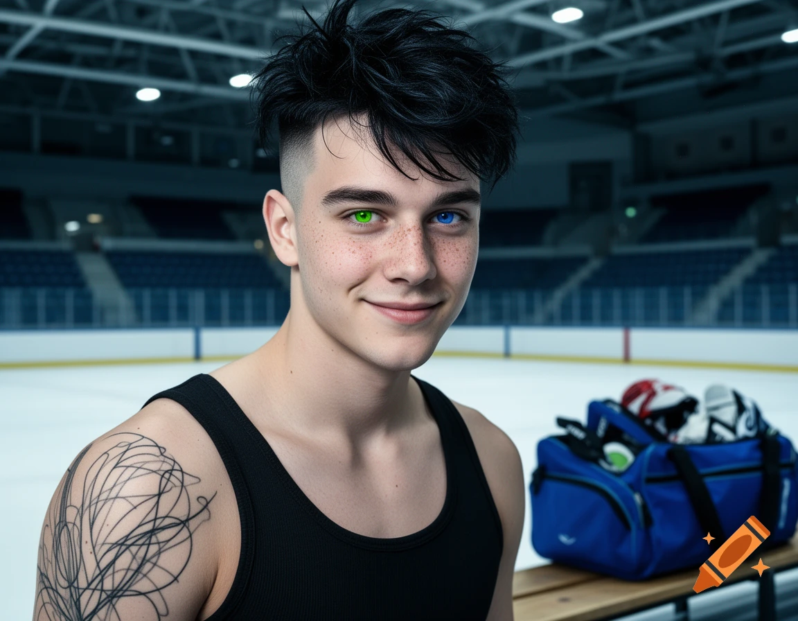 Photorealistic portrait of a young man with messy black hair, heterochromatic eyes, freckles, and a shoulder tattoo, smiling in an empty hockey arena with a blue equipment bag.