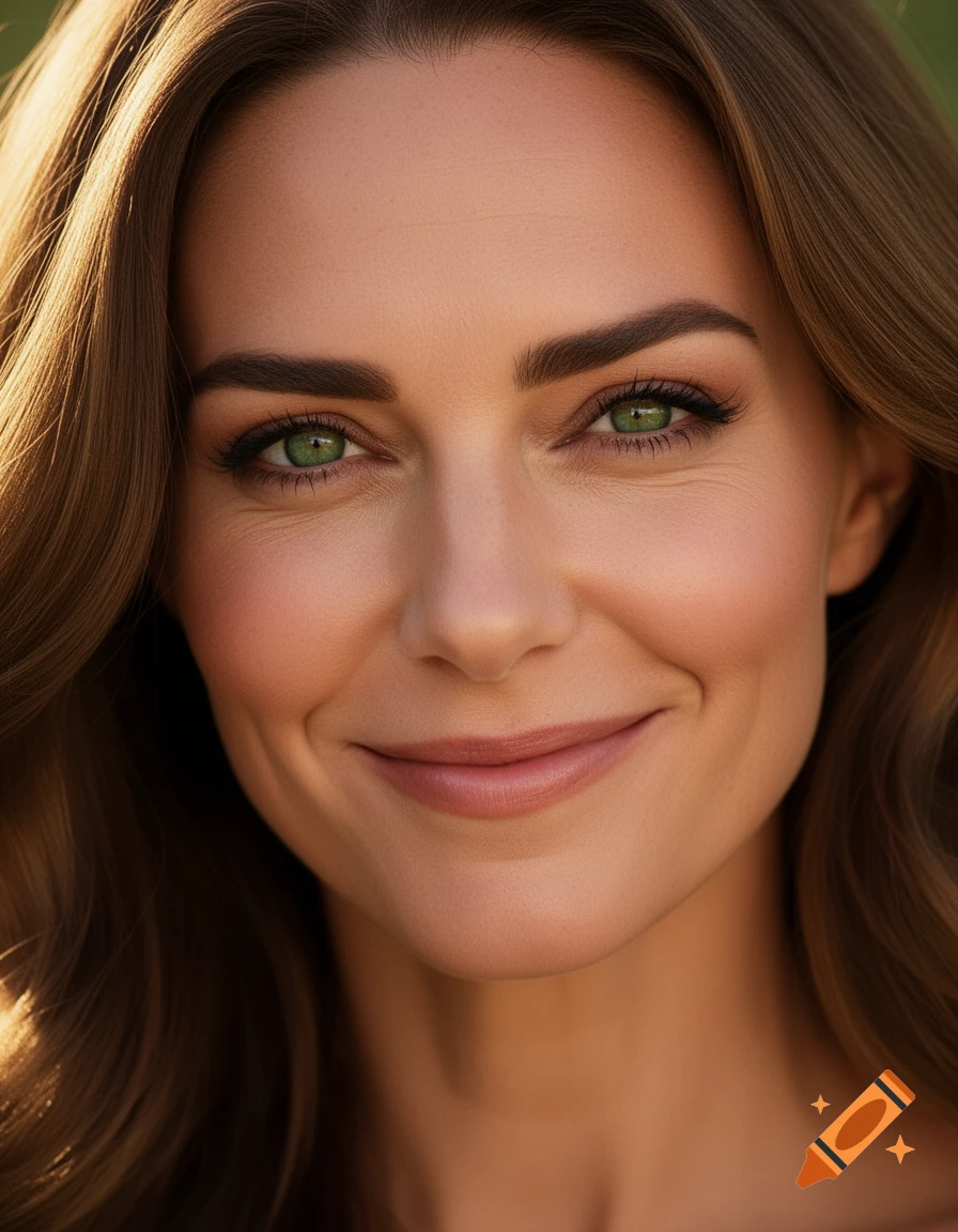 Close-up photorealistic portrait of a smiling woman with green eyes and brown hair, bathed in warm sunlight.