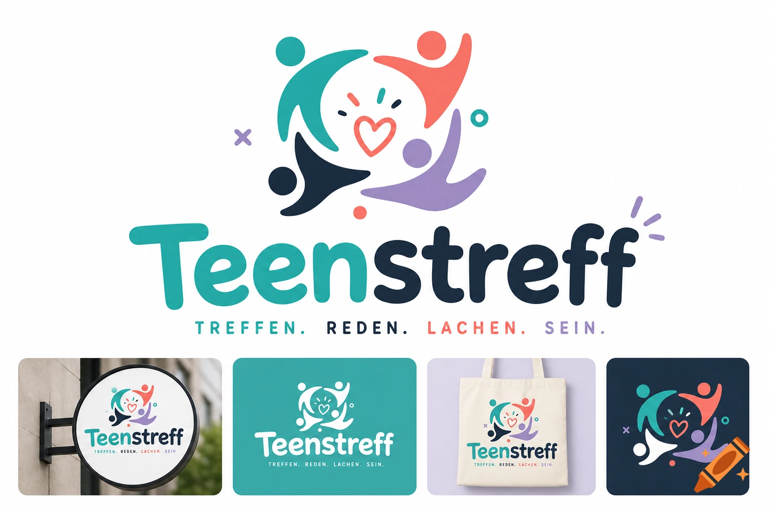 A logo for "Teenstreff" with colorful abstract figures in a circle around a heart, and secondary text "TREFFEN. REDEN. LACHEN. SEIN.", shown on various mockups.