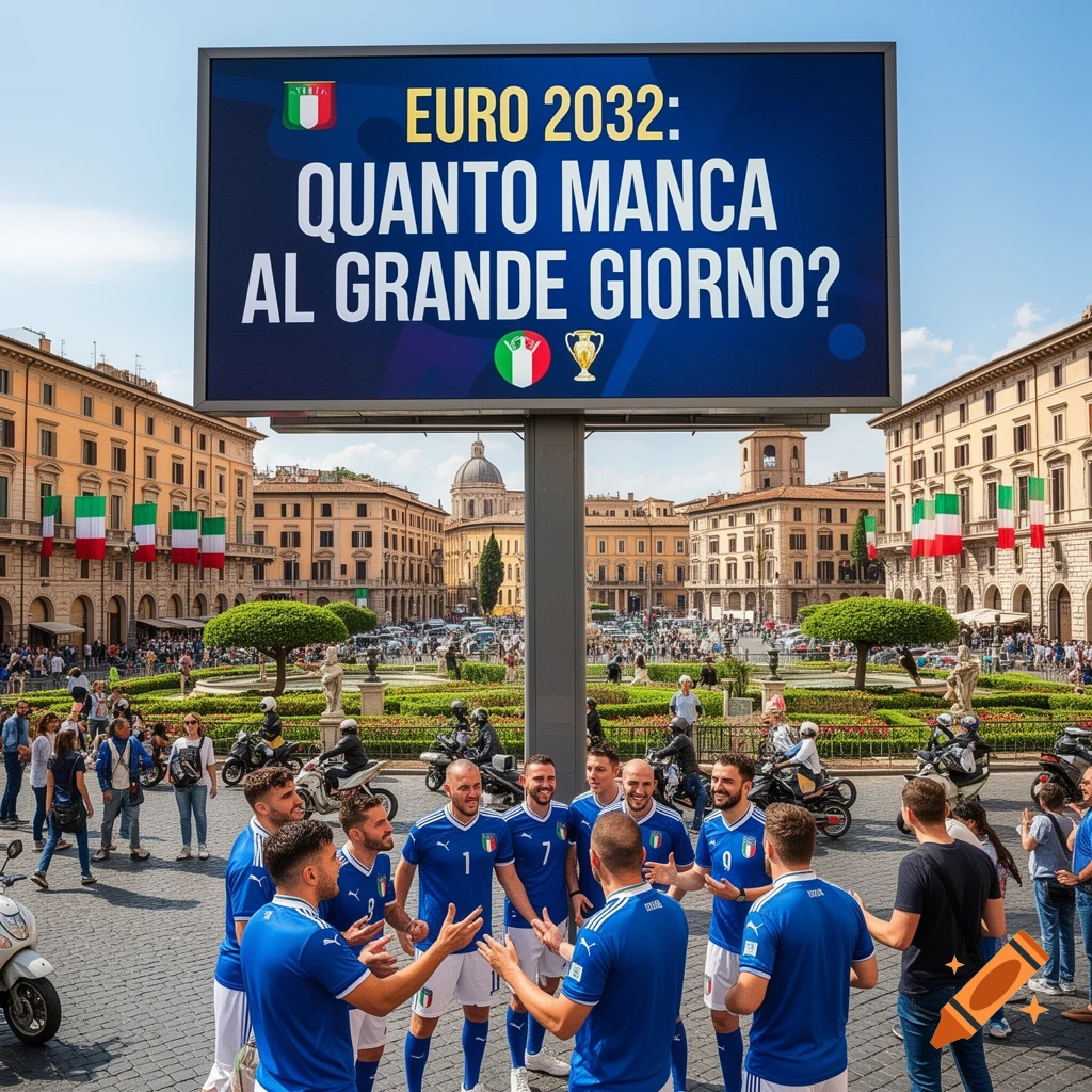 Italian soccer players gather in a busy city square with a large billboard displaying 'EURO 2032: QUANTO MANCA AL GRANDE GIORNO?'