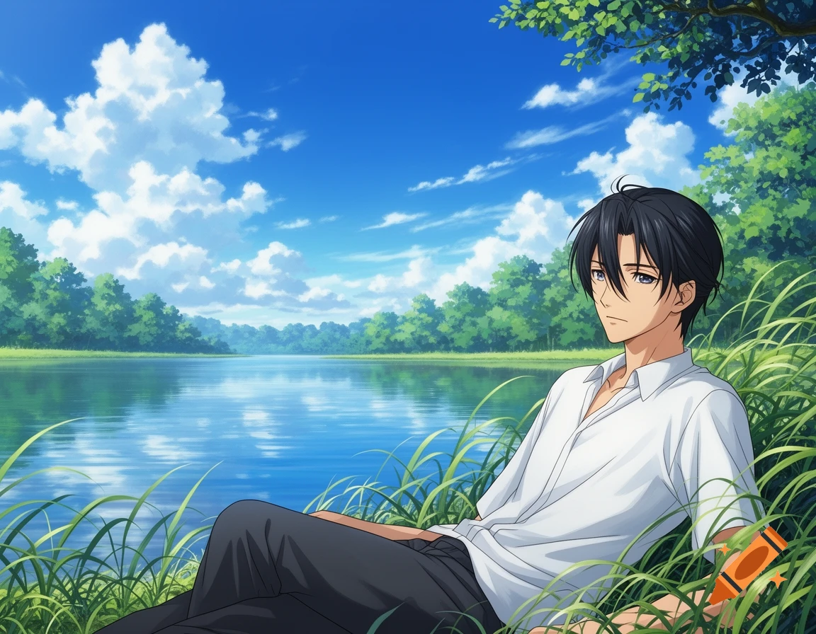 Anime digital painting of a handsome young man with dark hair sitting in tall grass by a calm lake under a vibrant blue sky with clouds.