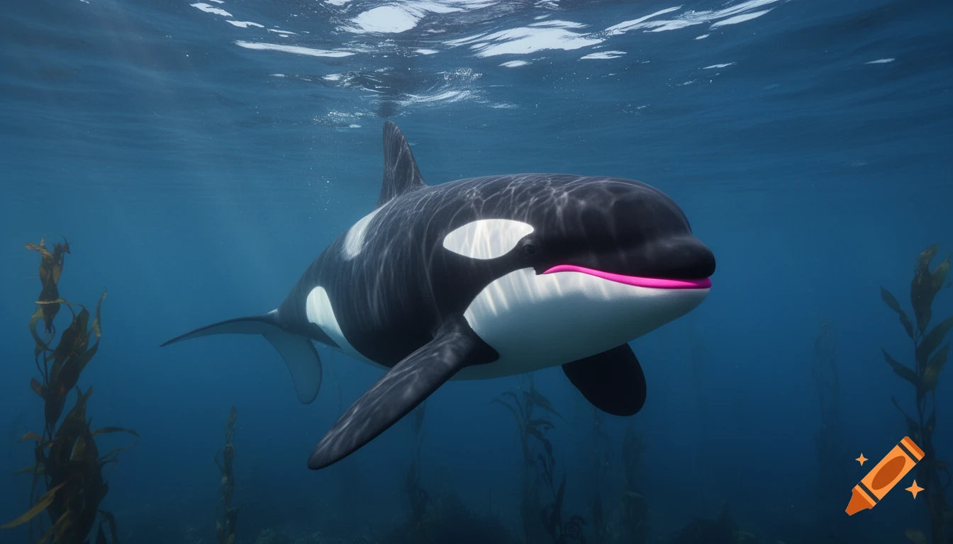 A photorealistic orca with bright pink lips swims underwater among kelp in deep blue water.