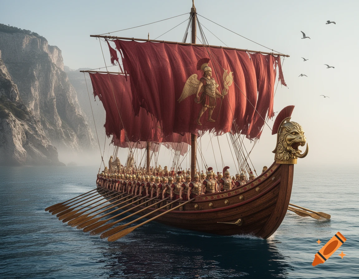 Photorealistic image of a Roman warship with red sails and golden emblems, full of soldiers, sailing on blue water past misty cliffs.