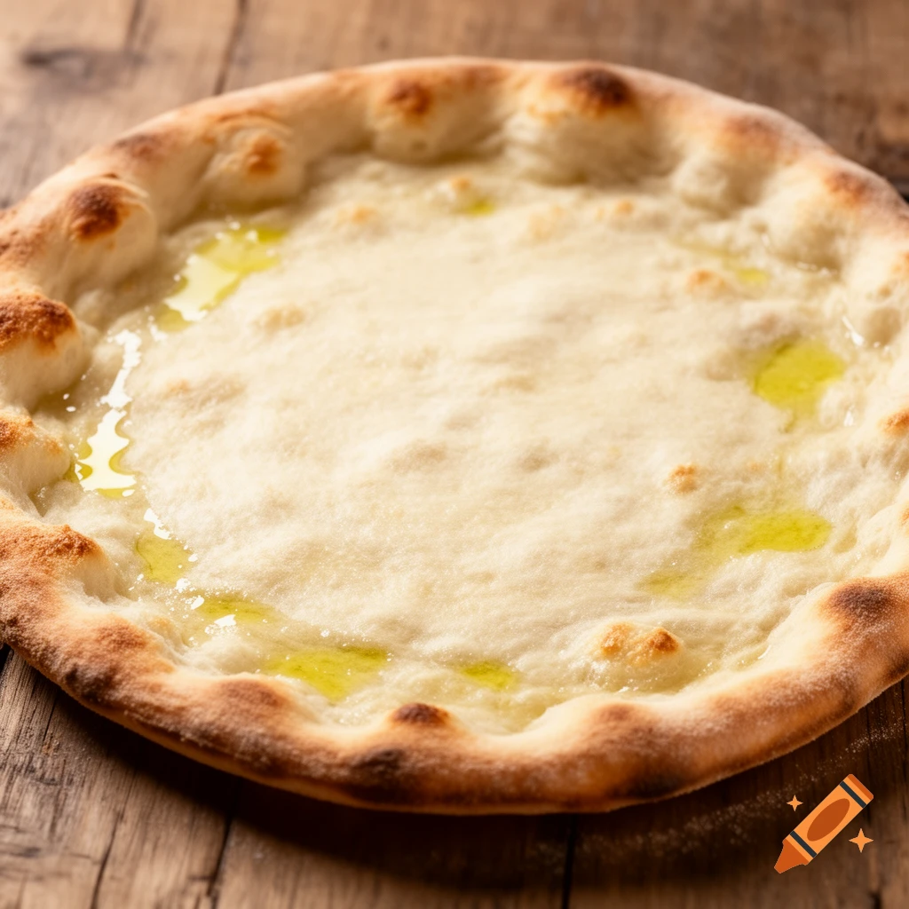 A plain, round pizza crust with olive oil, resting on a rustic wooden table.