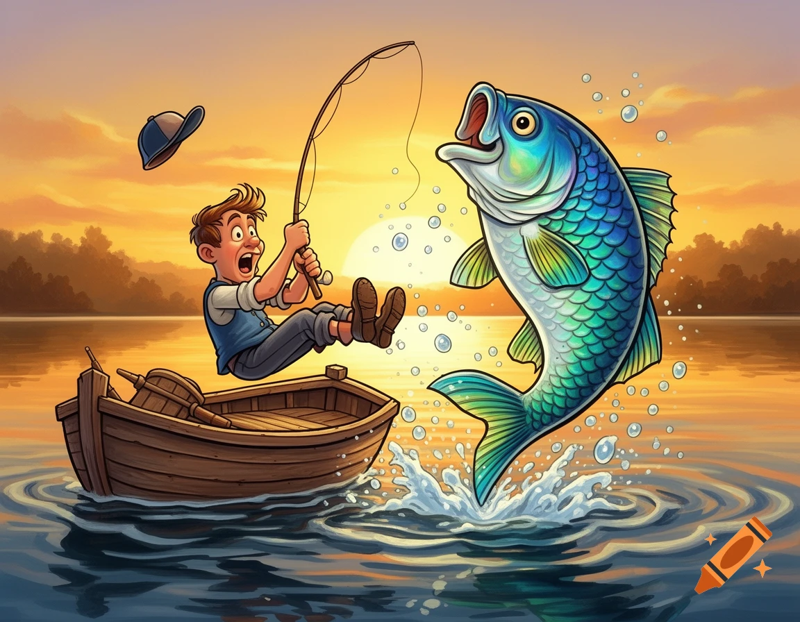 A cartoon fisherman in a small boat is pulled backward by a giant, colorful fish jumping out of the water at sunset.