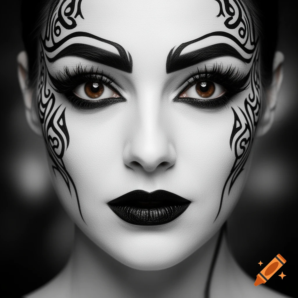 Close-up portrait of a woman with white face paint, dramatic black tribal-like makeup, and black lipstick.
