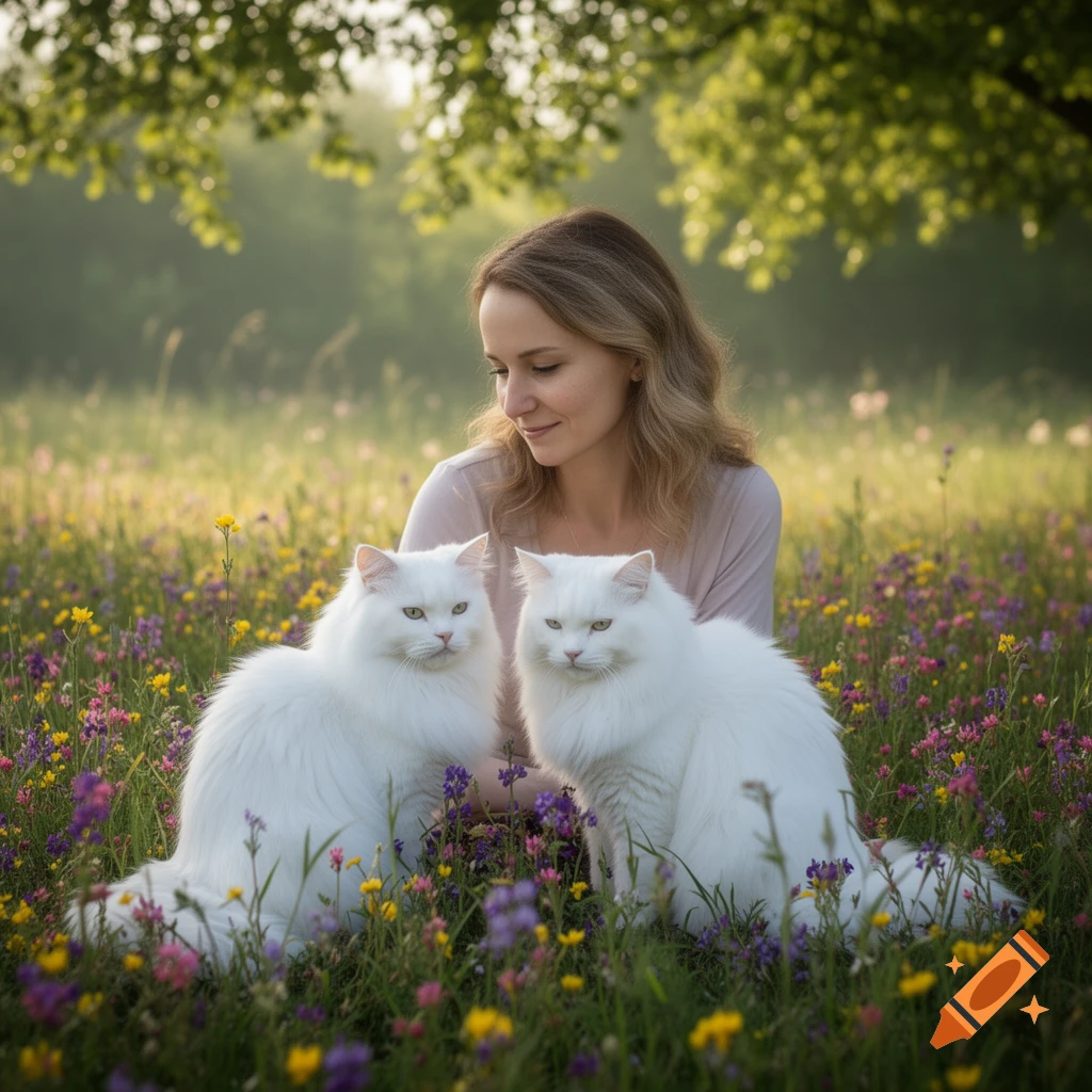 A woman sits in a field of colorful wildflowers, looking at two fluffy white cats in front of her.