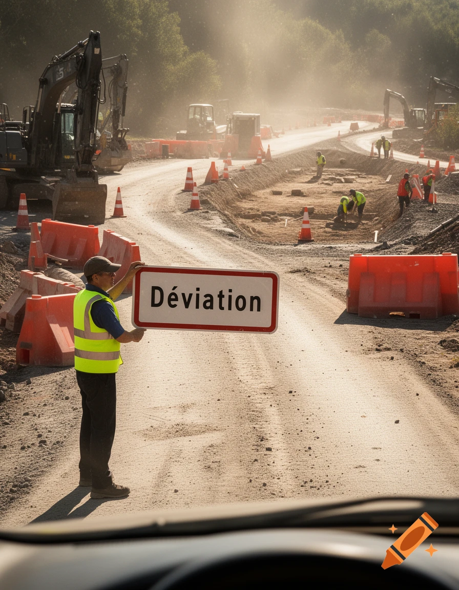 A construction worker in a high-visibility vest holds a 'Déviation' sign on a dusty road at a construction site with excavators in the background.