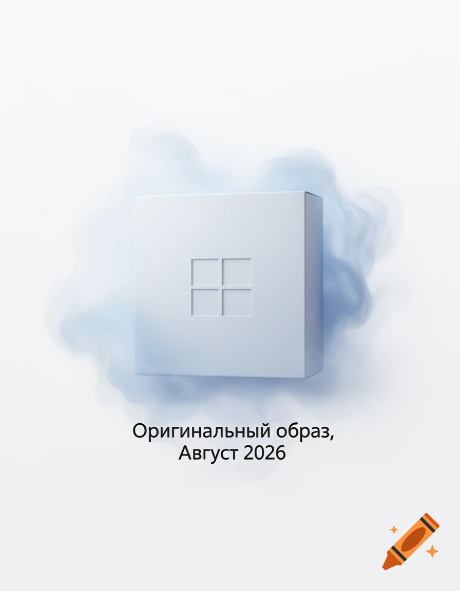 A white 3D cube with an embossed four-square Windows logo, surrounded by light blue mist, on a white background. Below it, text reads "Original image, August 2026".