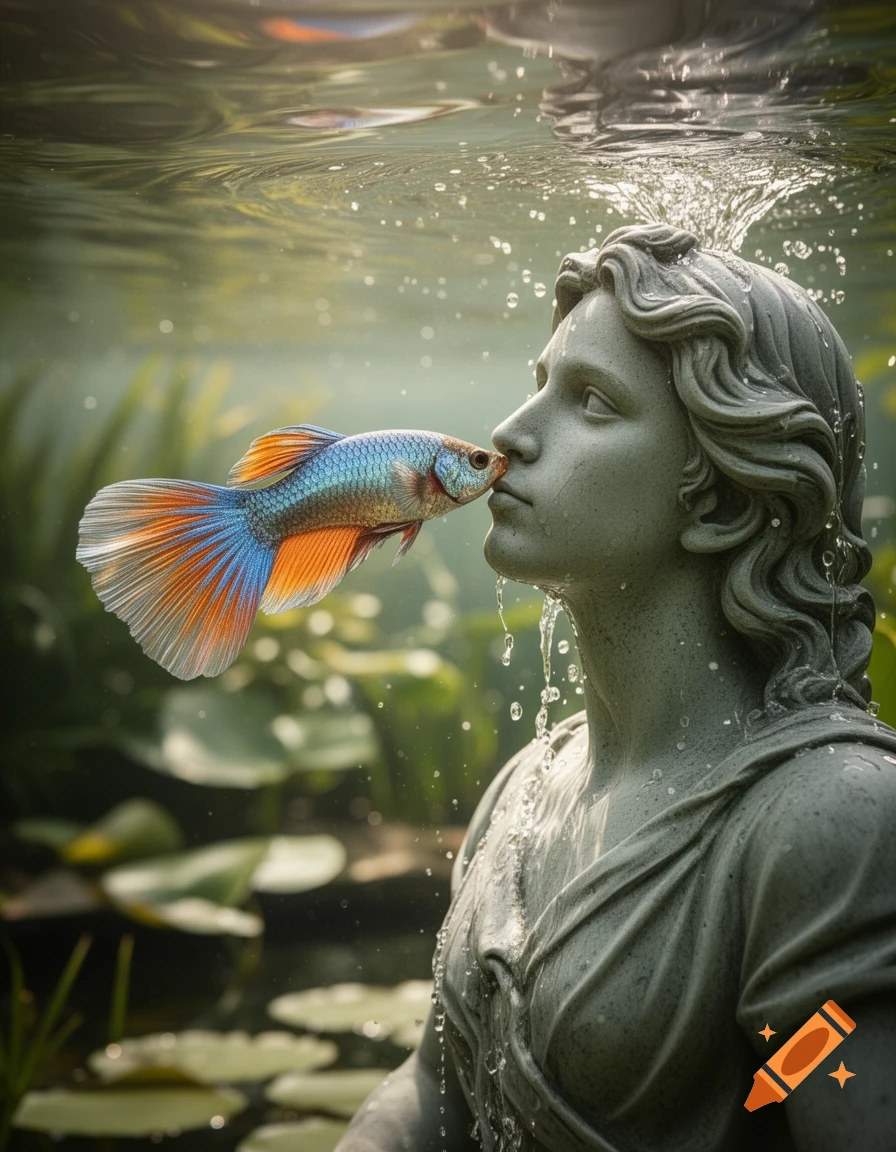 A colorful tropical fish gently touches its mouth to the nose of a stone statue of a woman's head, partially submerged in water.