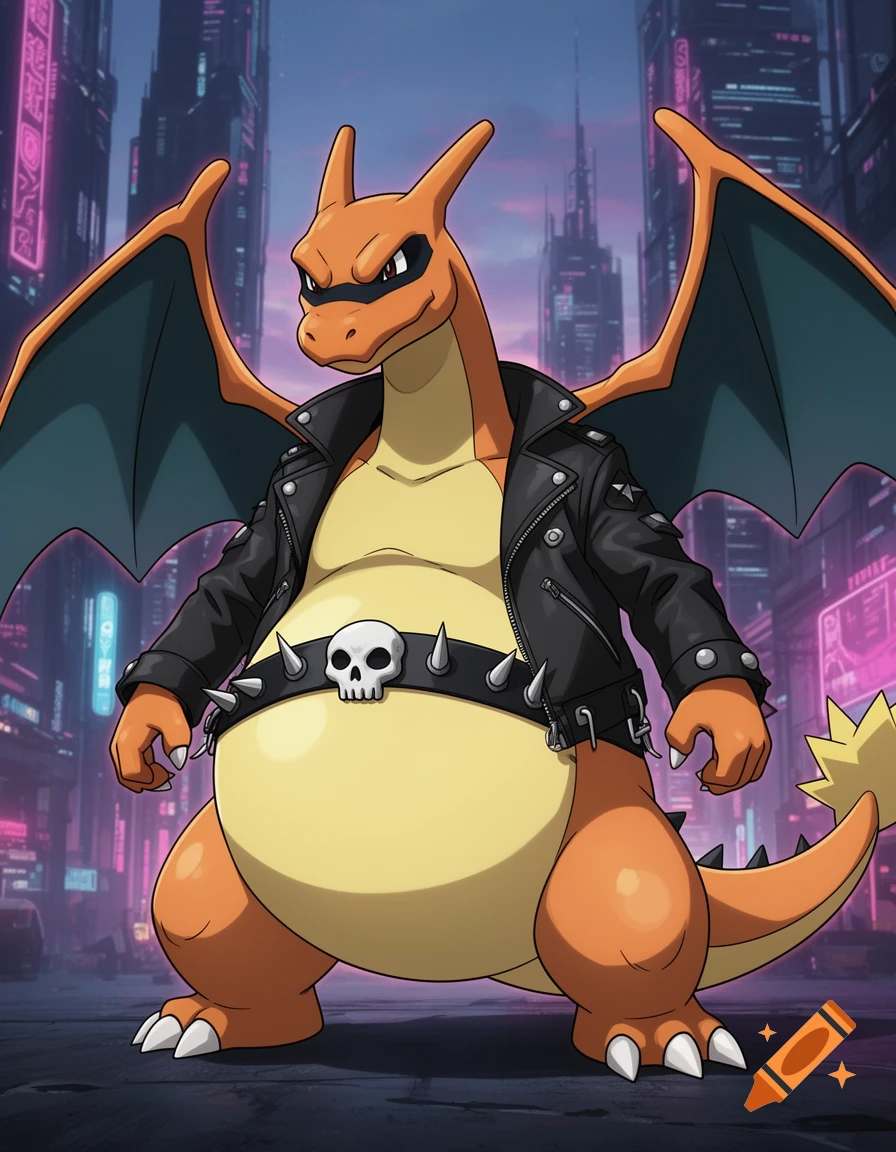 A punk Charizard with a swollen belly, wearing a black leather jacket, spiked belt with a skull, and eye mask, stands in a neon cyberpunk city.