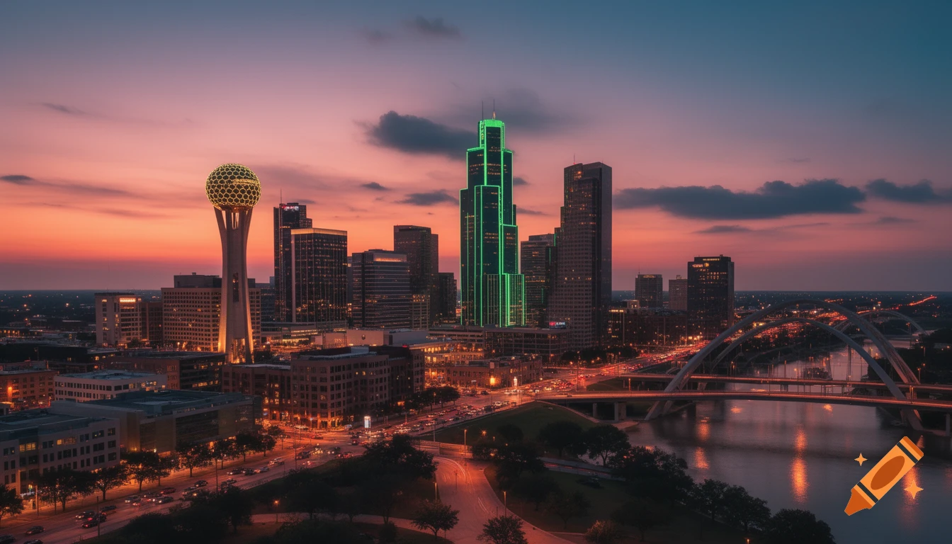 Photorealistic Dallas cityscape at sunset with Reunion Tower, a green-lit skyscraper, and a bridge over a river.