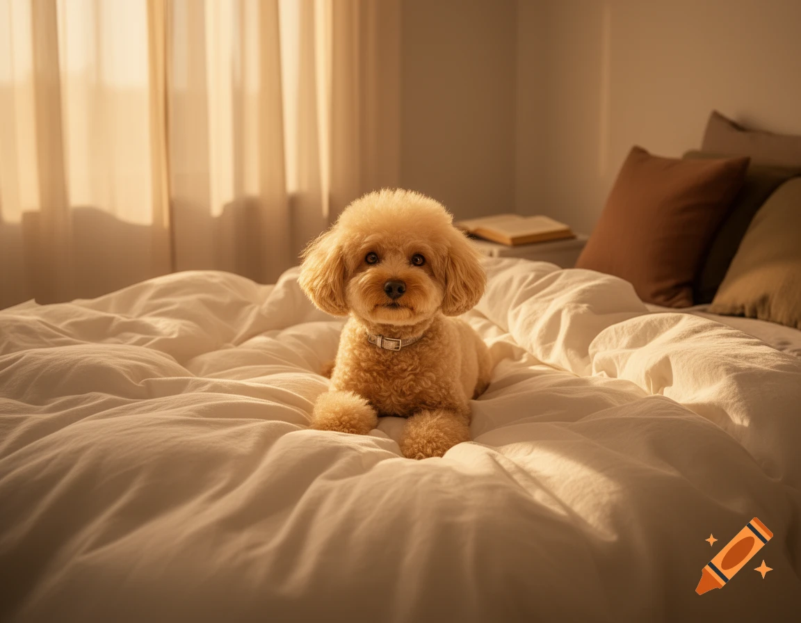 A fluffy light brown poodle-like dog lies on a white bed with sunlight streaming through a window.