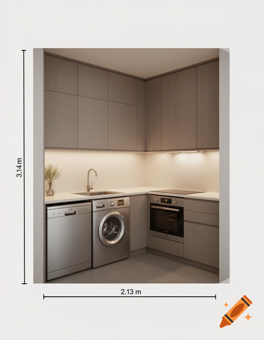 Modern kitchen render with dishwasher, washing machine, sink, and oven. Dimensions 2.13m width and 3.14m height shown.