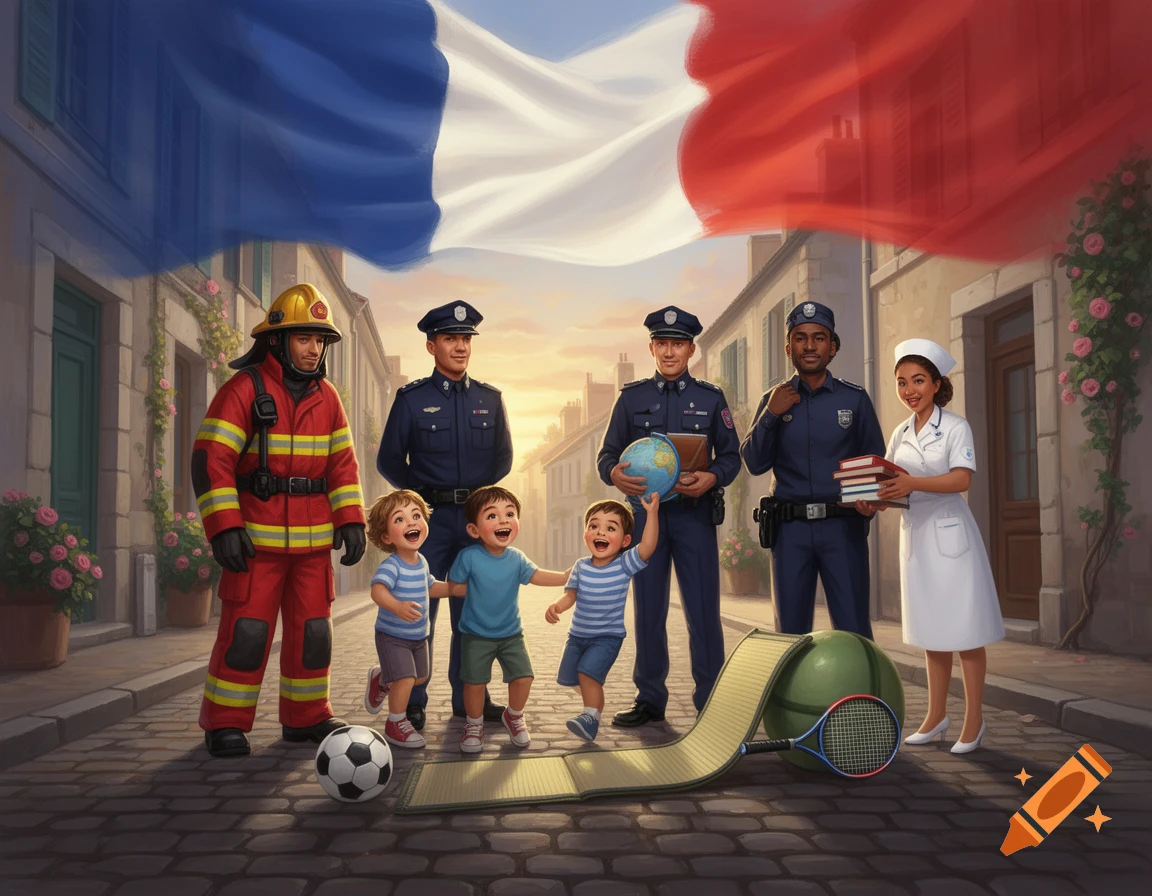 A firefighter, two police officers, and a nurse stand with three smiling children and sports equipment on a cobbled street, beneath a large French flag.