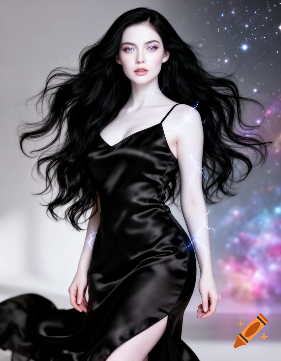 A beautiful woman with long black hair and light eyes, wearing a black silk slip dress, with lightning on her skin, against a blurry starry background.