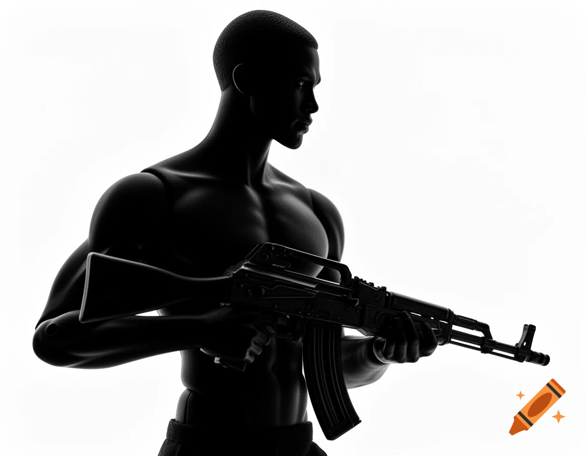 A black silhouette of a muscular male doll holding a machine gun against a white background.