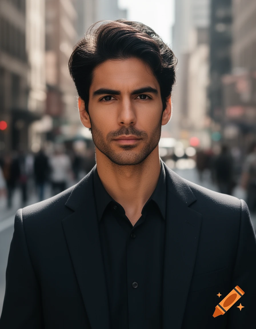 Photorealistic portrait of a handsome man with dark hair and stubble, wearing a black suit and shirt, standing on a blurred city street.