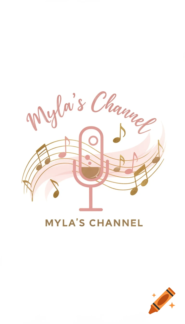 A logo with "Myla's Channel" in script and sans-serif fonts, featuring a pink microphone icon, golden musical notes, and a wavy pink and gold background.