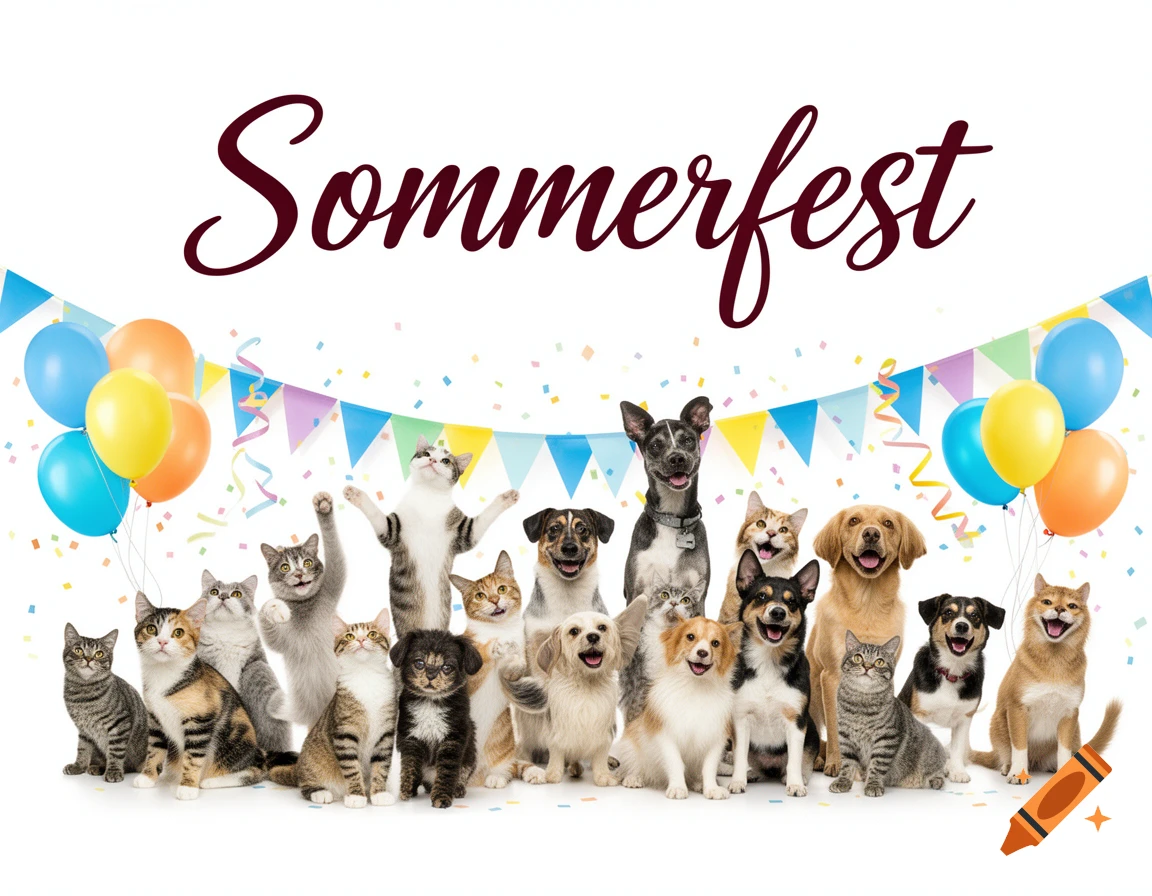 A group of diverse dogs and cats with party decorations and balloons, below the text "Sommerfest" on a white background.