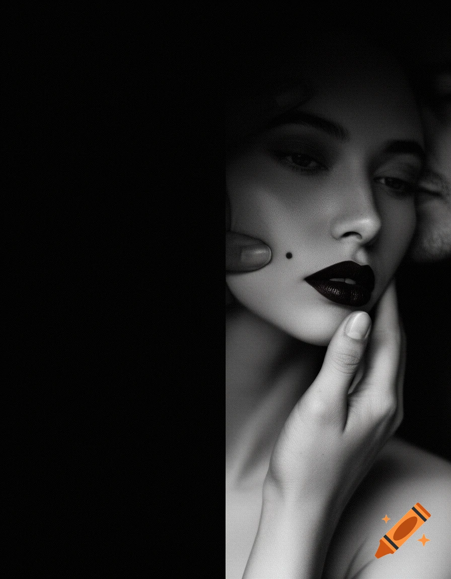 Close-up, black and white cinematic portrait of a woman with dark red lips, a man's hand gently caressing her face.