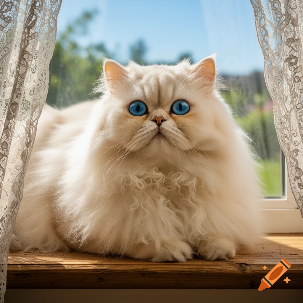 A fluffy white Persian cat with bright blue eyes sits on a wooden window sill, framed by lace curtains, looking at the viewer.