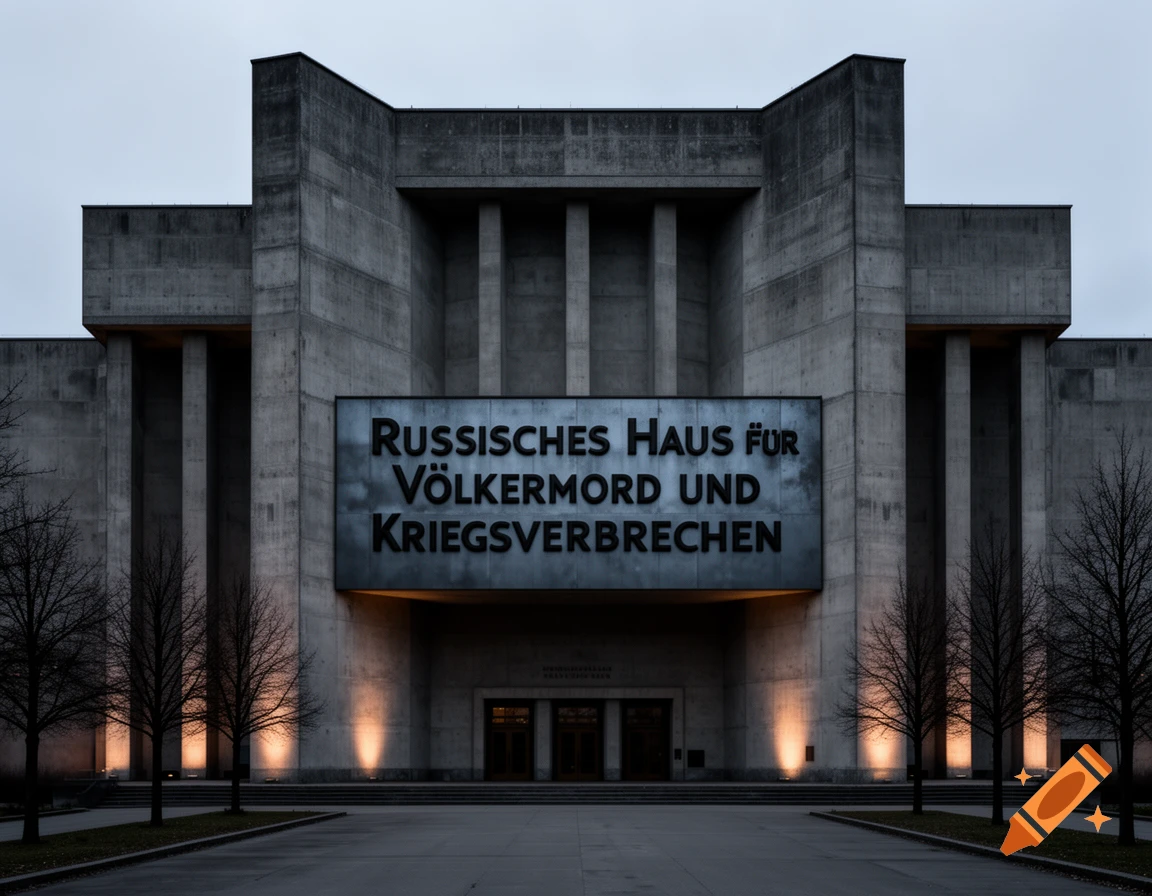 A massive, brutalist concrete building with the inscription "RUSSISCHES HAUS FÜR VÖLKERMORD UND KRIEGSVERBRECHEN" on its facade.
