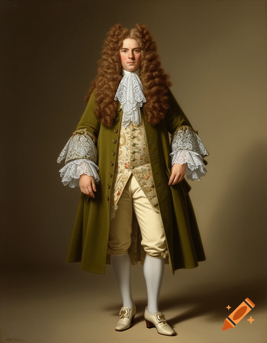 Full-body portrait of a 17th-century noble in a large brown periwig, olive green coat, and lace cravat, painted in a classical style.