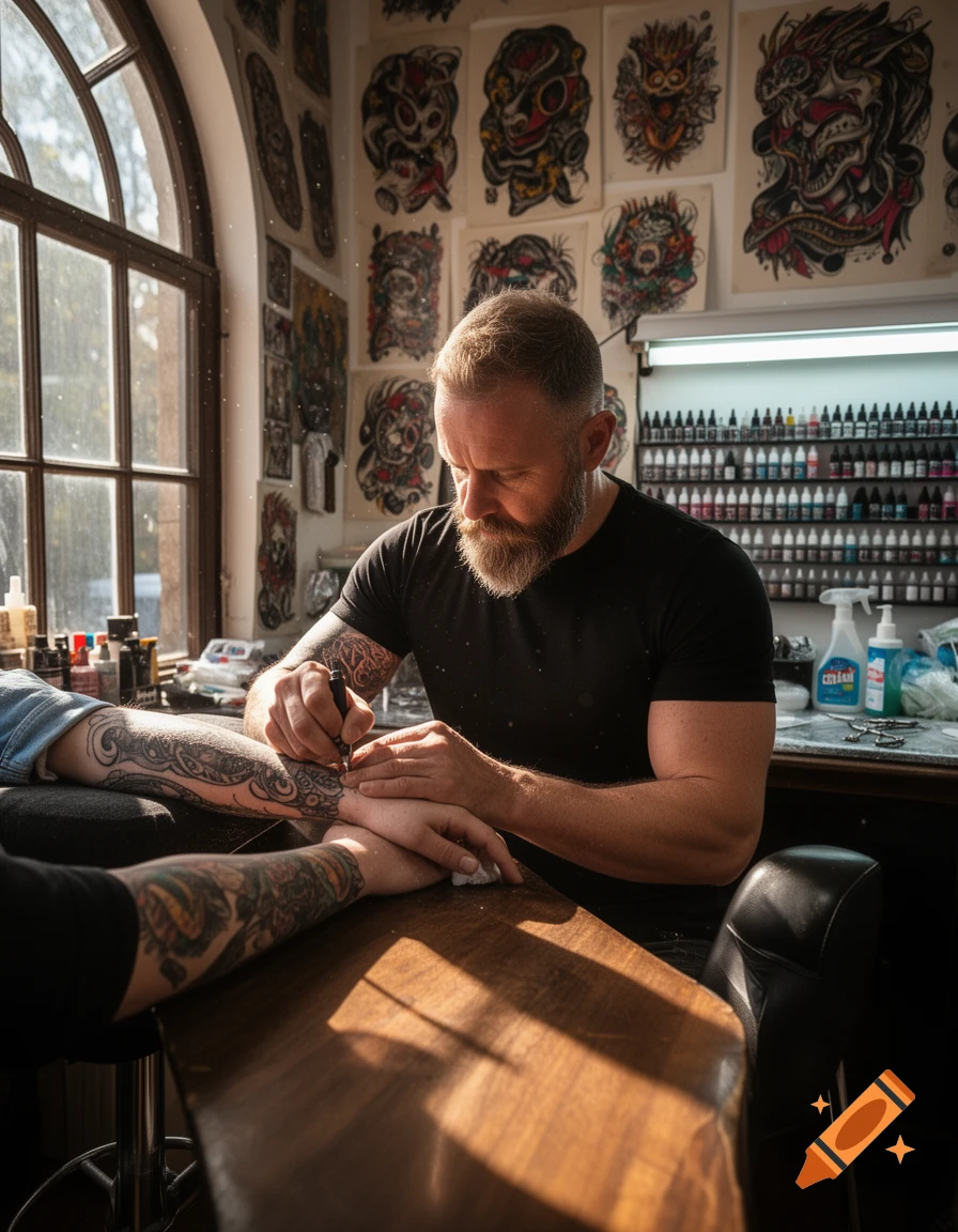 A bearded tattoo artist tattoos a client's arm in a sunlit studio, surrounded by numerous tattoo flash designs and ink bottles.