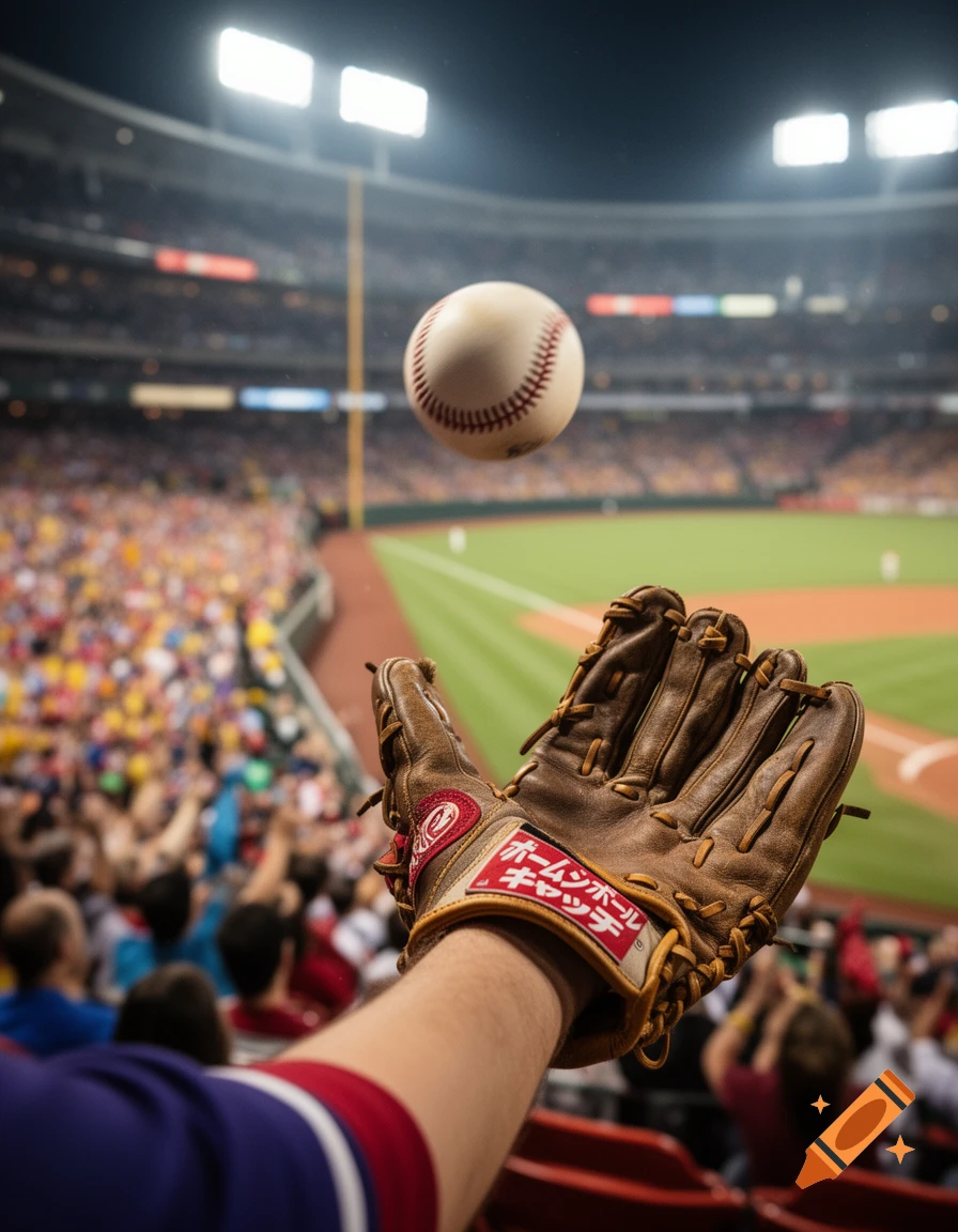 A photorealistic, first-person view of a baseball glove reaching to catch a baseball in mid-air at a stadium during a night game.