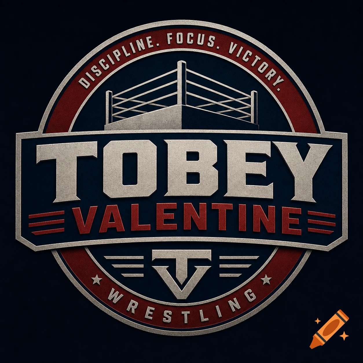 A dark blue and red wrestling logo with a metallic texture, featuring "Tobey Valentine Wrestling", a ring, and "Discipline. Focus. Victory.".