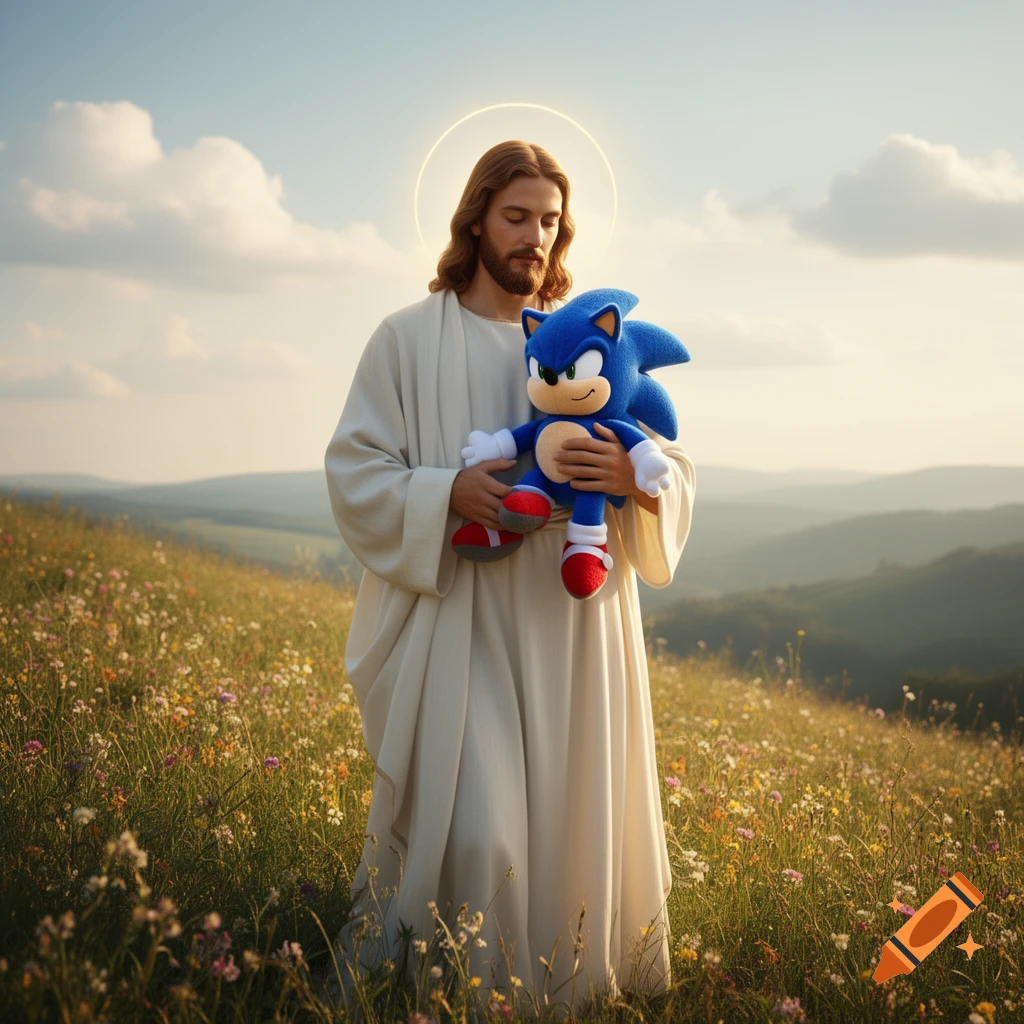 Photorealistic image of Jesus Christ holding a Sonic the Hedgehog plush toy in a field of wildflowers.