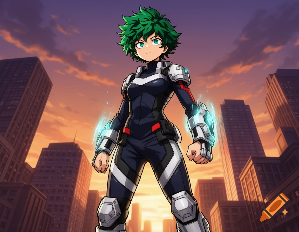 Anime-style character with green hair and glowing gauntlets in a dark blue and white suit, standing in a city at sunset.