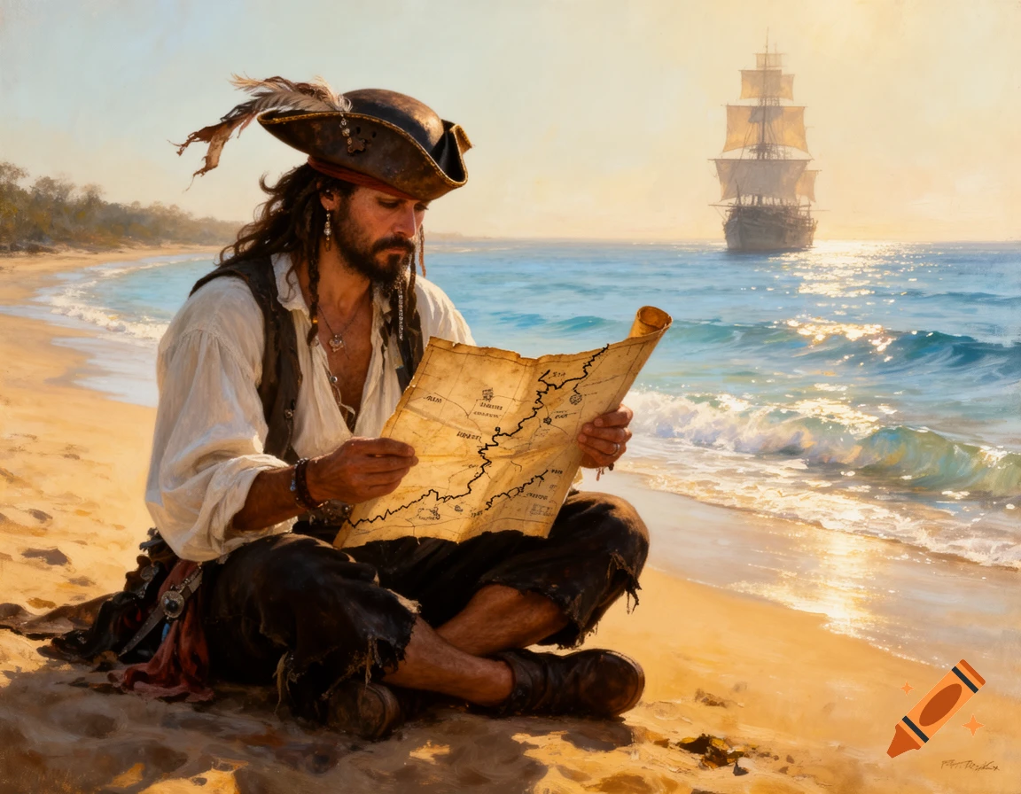 A pirate sits on a sandy beach, intently reading a treasure map, with a tall ship sailing on the ocean in the background, in oil painting style.