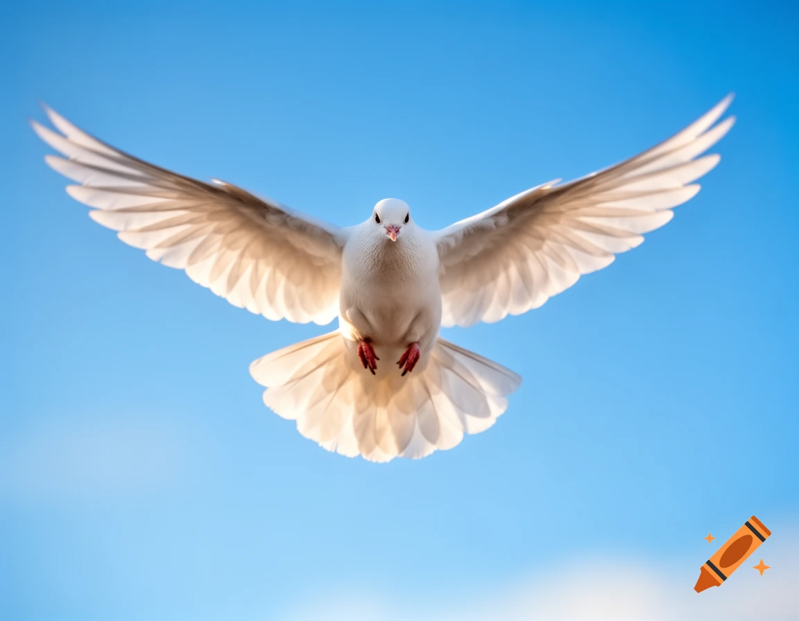 Photorealistic white dove flying with wings spread against a clear blue sky, viewed from the front.