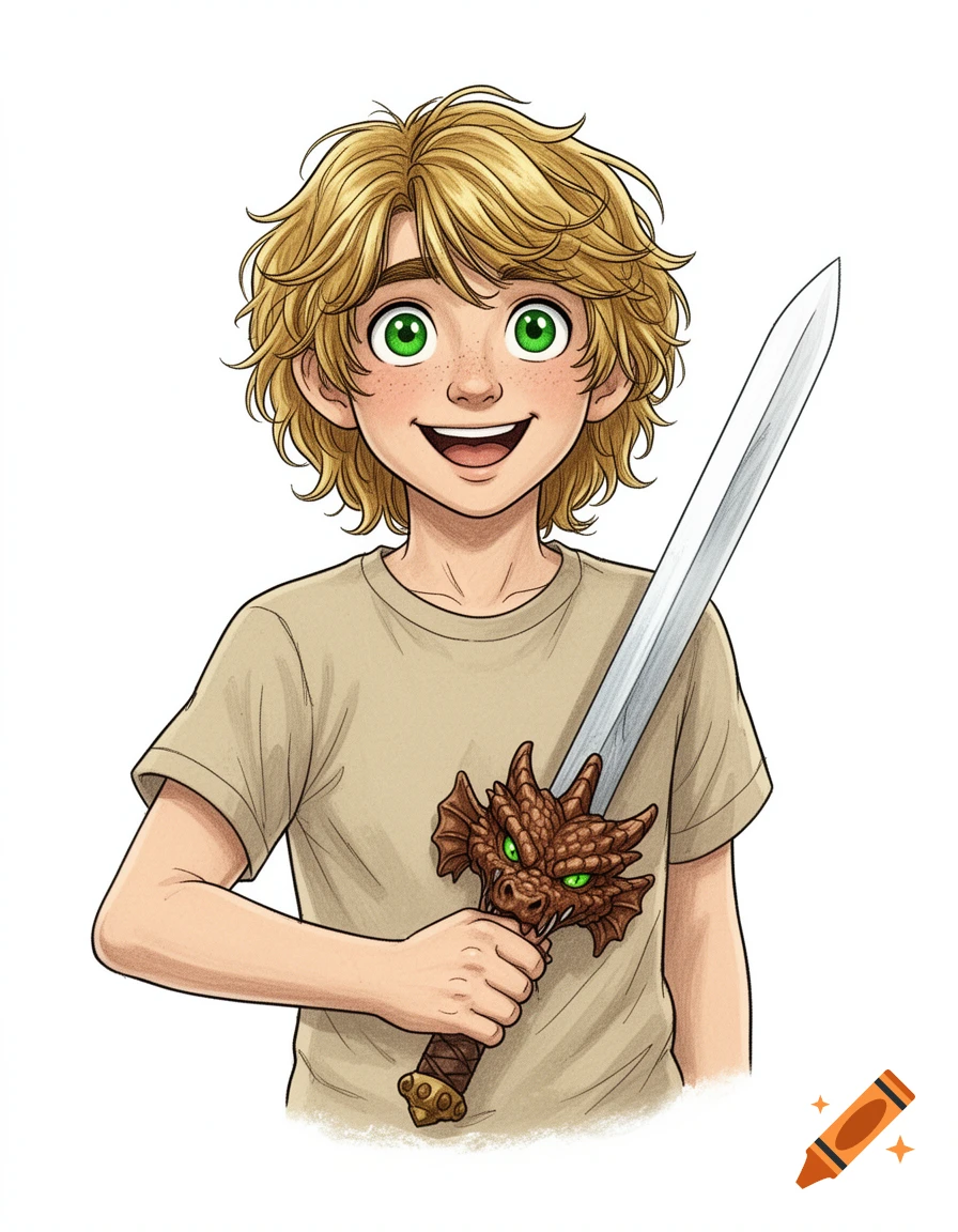 A smiling dirty blonde boy with green eyes holds a sword with a brown dragon hilt. Hand-drawn cartoon style.