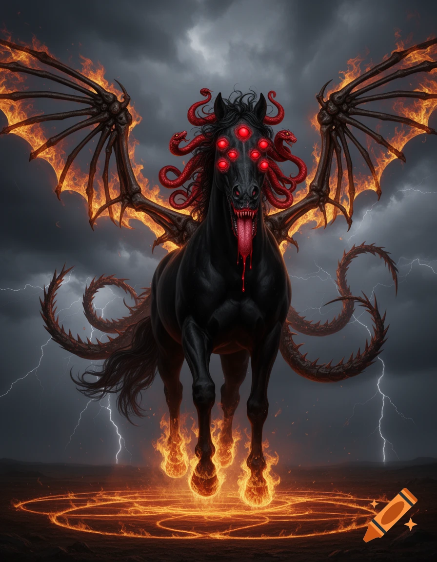 A black demon horse with red glowing eyes, a mane of red snakes, fiery skeletal wings, and flaming hooves stands in a magic circle under a stormy, lightning-filled sky.