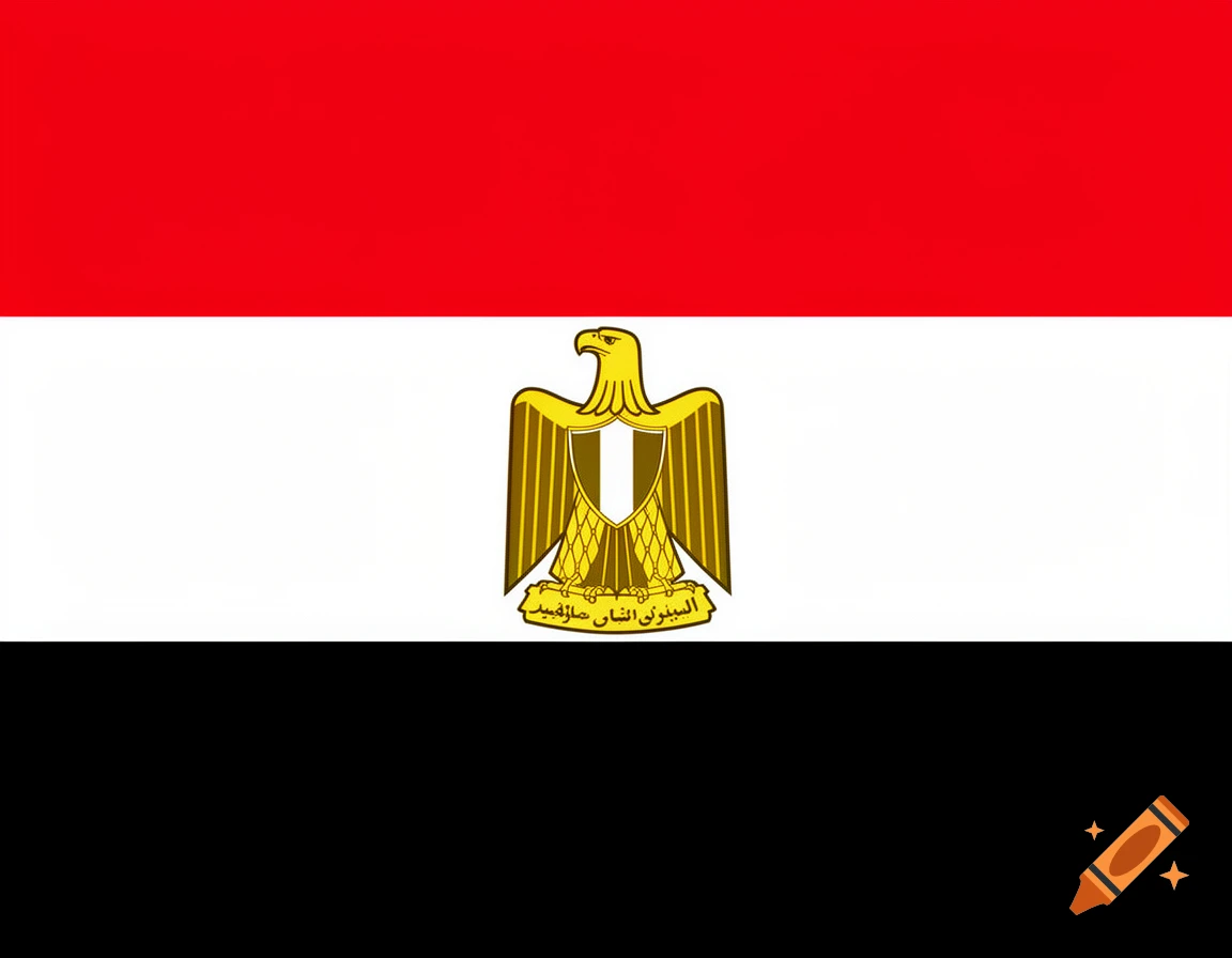 A flat graphic design of the Egyptian flag with red, white, and black stripes, featuring a golden, upside-down Eagle of Saladin in the center.