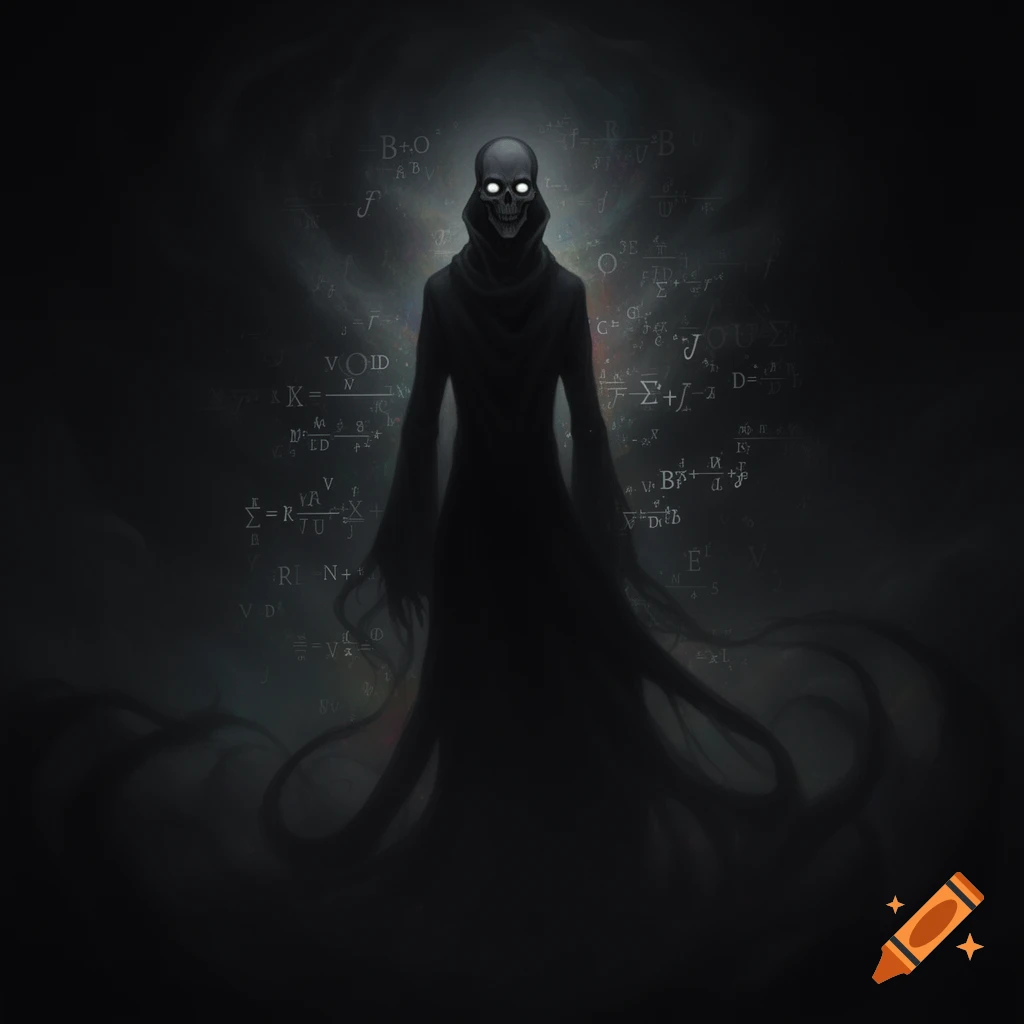 A dark, cloaked skeletal figure with glowing eyes stands amidst floating mathematical equations against a dark, cosmic background in a digital painting style.