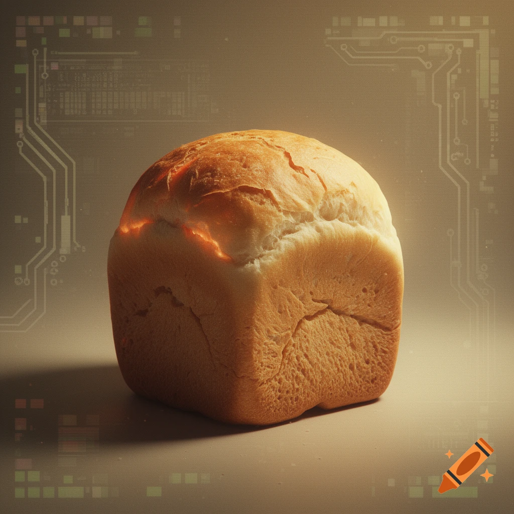 A loaf of bread with glowing cracks and a circuit board pattern background, in an old AI style.