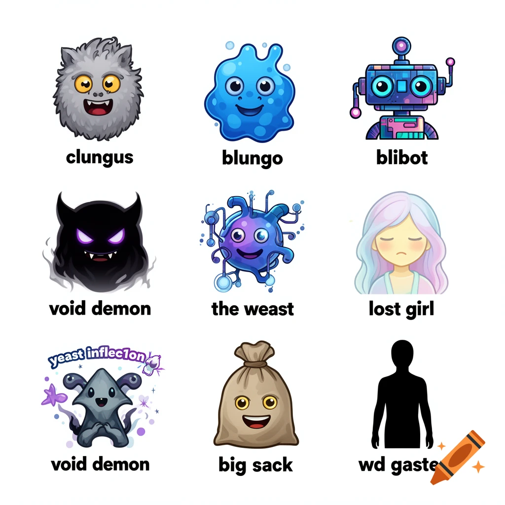 Nine cartoon emoji-like characters with names below them, including a furry monster, a blue blob, a robot, a dark demon, a purple virus, a sad girl, a winged creature, a smiling sack, and a black silhouette.