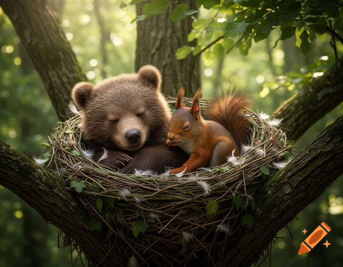 A fluffy baby bear and a red squirrel sleep peacefully together in a large nest high up in a tree, bathed in dappled sunlight.