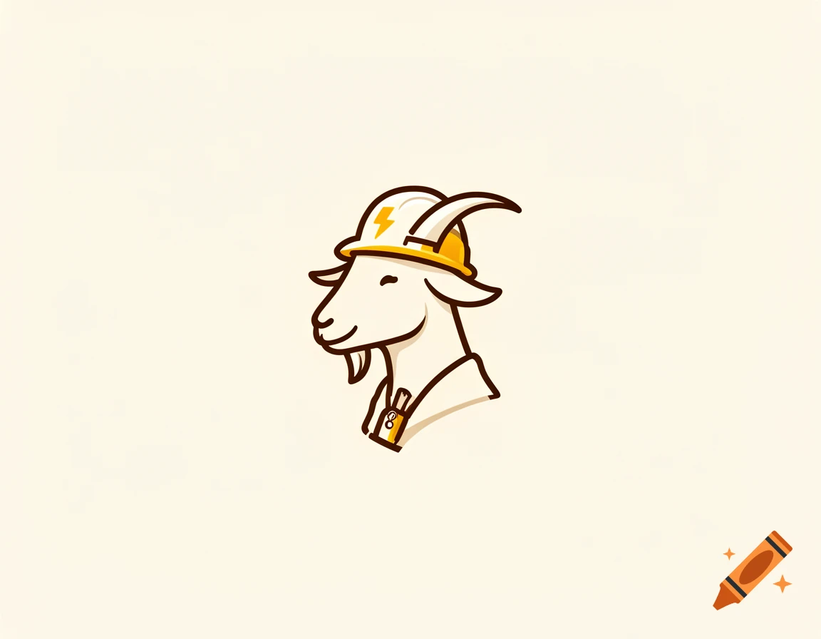 Cartoon illustration of a goat wearing a yellow hard hat with a lightning bolt and a tool.